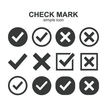 Set of black checkmark and cross icons in circles and squares for user interface design