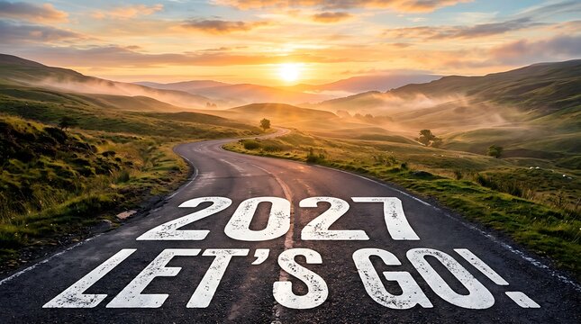 Big 2027 lets go painted on a winding road through green hills at sunrise