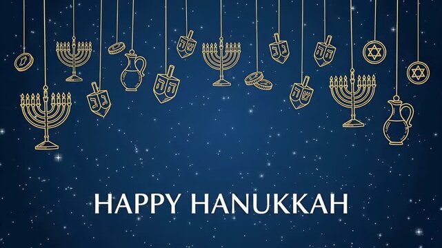 Happy Hanukkah Menorah Dreidel Star Of David Jewish Holiday Blue Background Motion Graphic Loop
