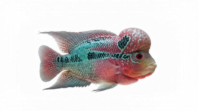 Colorful flowerhorn fish with vivid pattern moving gracefully on white backdrop