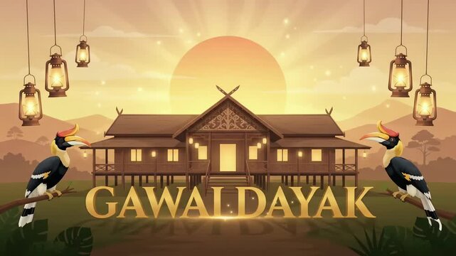Gawai Dayak Harvest Festival Sarawak Longhouse Hornbill Bird 2D Animation Motion Graphic Loop
