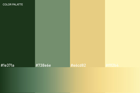 Abstract color palette swatch with four vertical bands of deep forest green, muted sage green, golden sand beige and pale butter yellow above a smooth horizontal gradient blend, evoking nature and cal