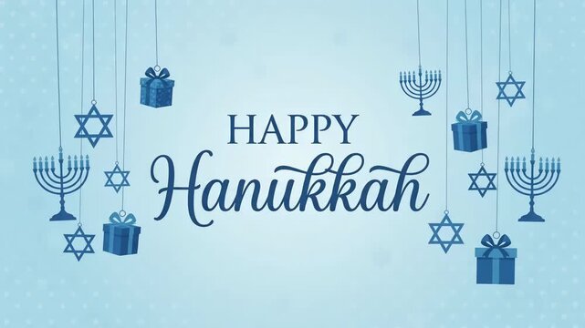 Happy Hanukkah Menorah Star Of David Jewish Holiday Gifts Greeting Blue Background 2D Animation Motion Graphic Loop
