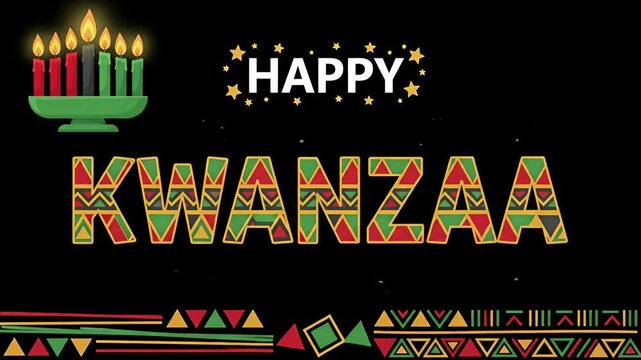Happy Kwanzaa typography Kinara candles African American cultural holiday tribal pattern 2D animation motion graphic loop
