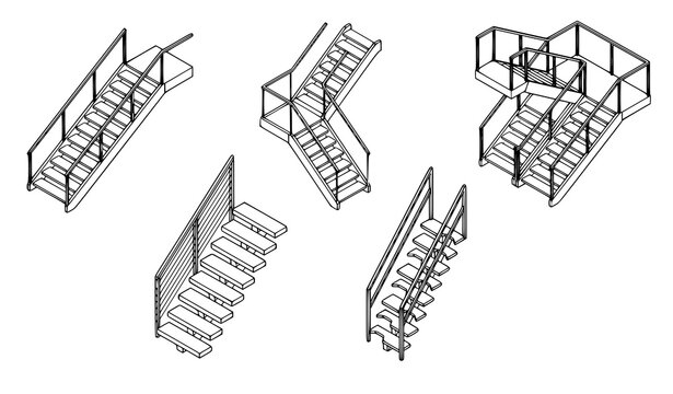Modern Landing and Floating Staircase Isometric Architectural Line Art Set