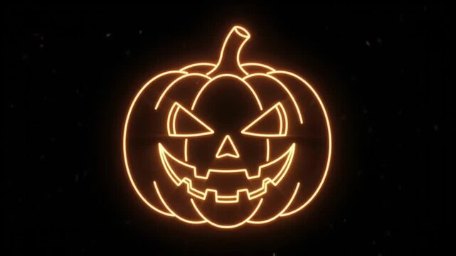 Glowing Neon Halloween Jack O Lantern with Scary Smiling Face on Black Background 4K Animation