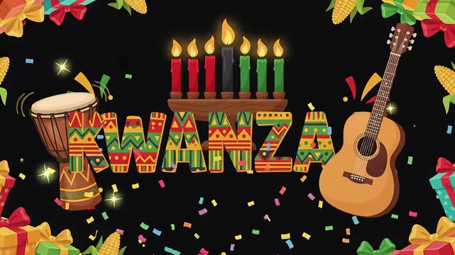 Kwanzaa Happy Holidays Kinara drum guitar African American cultural festival confetti 2D animation motion graphic loop
