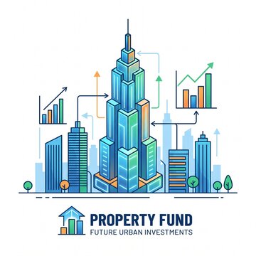 Property fund investment skyscraper city buildings with financial growth charts and arrow trends.