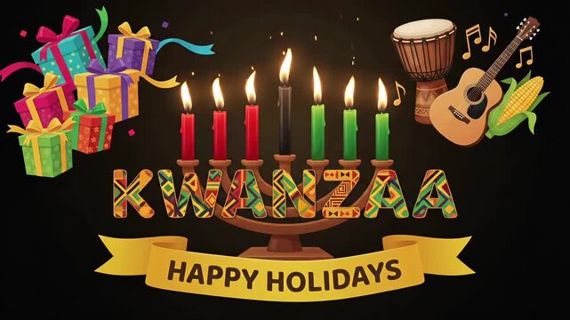 Kwanzaa Happy Holidays Kinara candles gifts drum African American cultural festival 3D animation motion graphic loop
