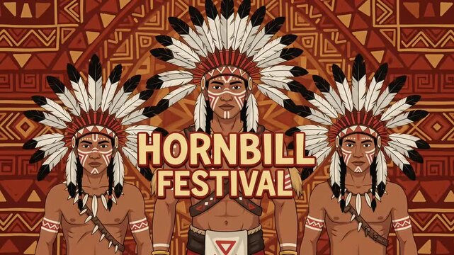 Hornbill Festival typography indigenous Naga tribe celebration feathered headdress warriors 2D animation loop
