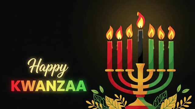 Happy Kwanzaa typography Kinara candles African American cultural holiday celebration glowing leaves 2D animation loop
