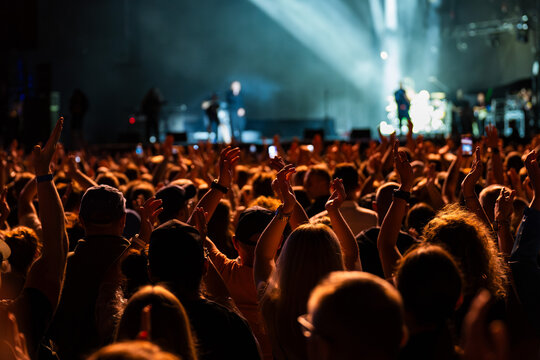 Crowd of enthusiastic people enjoying a live music concert, raising their hands and cheering in front of a brightly illuminated stage at night.