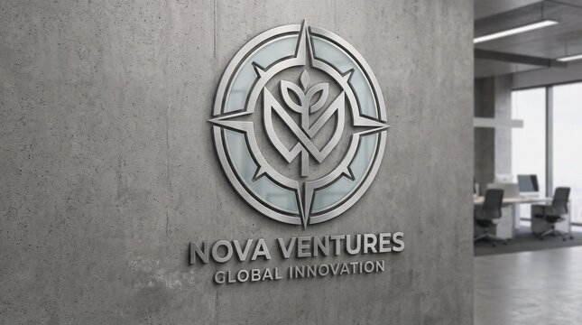 Nova Ventures logo sign on concrete wall with modern office interior background
