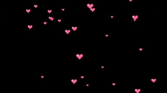 Pink pixel hearts floating upwards with alpha channel transparent background