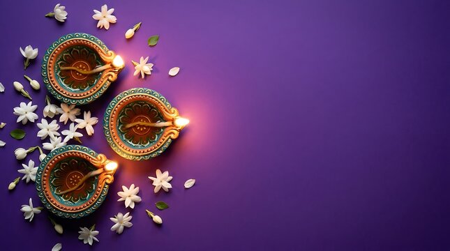 Lit clay diya lamps with white jasmine flowers on a vibrant purple background for Diwali celebration top down view