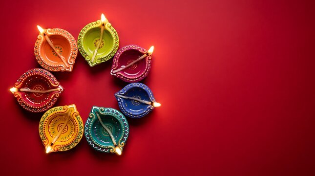 Colorful lit diya oil lamps arranged in circle on vibrant red background for traditional Indian festival celebration top view