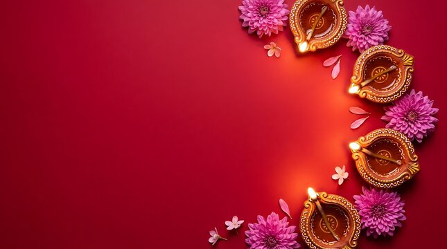 Lit clay diya oil lamps with pink chrysanthemum flowers arranged on a vibrant red background for Diwali celebration top view