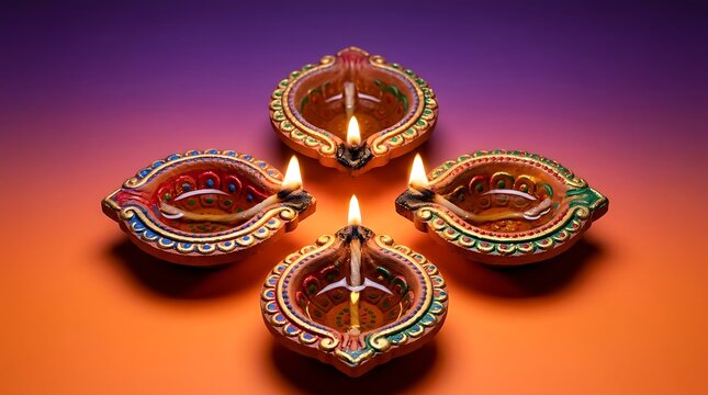Four lit clay diya lamps arranged symmetrically on a vibrant purple and orange gradient background for Diwali celebration greeting card