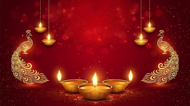 Golden peacock silhouettes and glowing oil lamps on a deep red background for traditional Indian festival celebration greeting card design