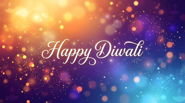 Happy Diwali text with glowing bokeh lights and traditional diya lamp silhouettes on a vibrant purple and orange gradient background