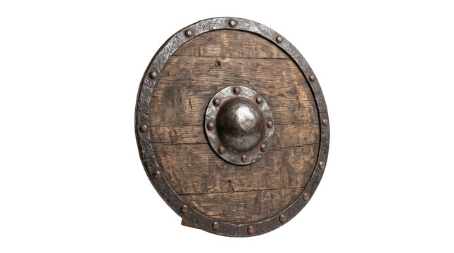 Viking round shield with weathered wood and iron rivets, medieval warrior defense equipment, ancient battle-worn wooden shield for historical combat isolated PNG with Transparent Background