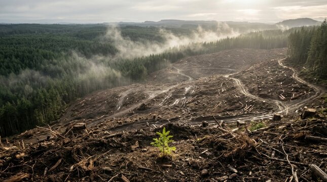 Barren deforested ground with remaining stumps and misty light, environmental problem