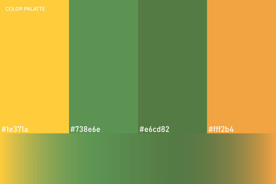 Abstract color palette swatch with four vertical bands of bright sunflower yellow, fresh leaf green, deep moss green and warm tangerine orange above a smooth horizontal gradient blend, evoking summer 