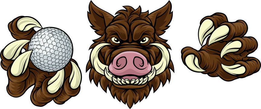 A wild boar, hog razorback warthog pig mean tough cartoon sports mascot holding a golf ball