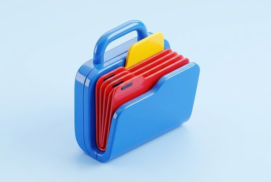 Blue plastic briefcase containing colorful file folders in 3d style