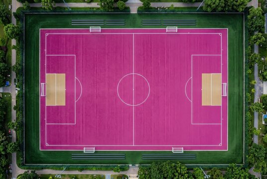 Aerial view of a vibrant pink soccer field in a green park
