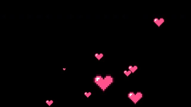 Retro pixel art pink hearts floating and rising on transparent background overlay