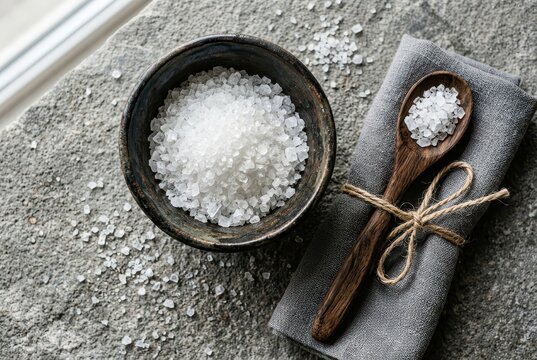 Coarse sea salt in a dark bowl with a wooden spoon on a grey napkin