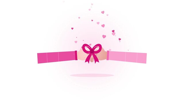 Two hands tied together with a pink ribbon symbolizing love and connection.