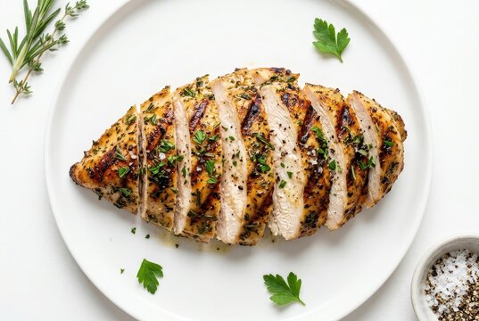 Sliced grilled chicken breast with herbs on a white plate
