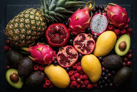 Assorted tropical fruits including dragon fruit and mango on dark