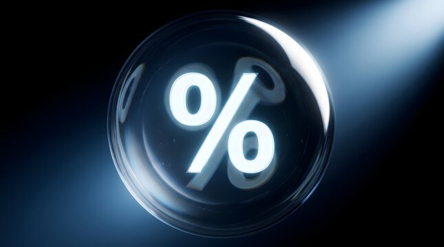 Glowing percentage symbol inside a transparent glass sphere