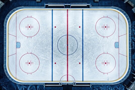 Overhead view of an empty ice hockey rink with game markings