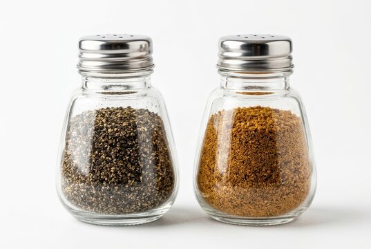 Two glass spice shakers with ground pepper and seasoning on white