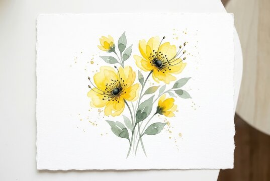 Yellow watercolor flowers with green leaves on textured paper