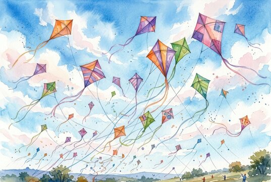 Many colorful kites soar in a cloudy blue sky over a field