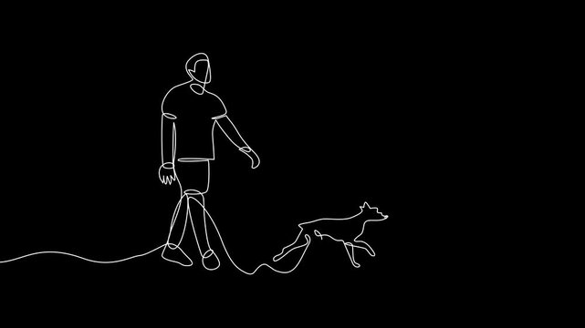 Animation Continuous Line Drawing of a Man Walking Dog - on Black