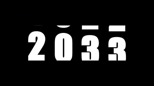 White mechanical flip counter revealing the year 2033 on transparent background