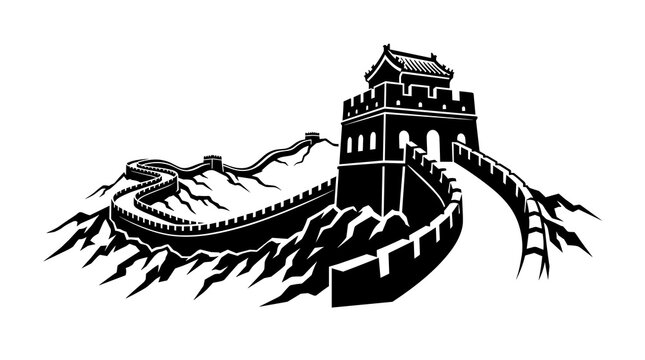Detailed black and white vector silhouette of the Great Wall of China with a prominent watchtower winding over mountain ridges, isolated on a white background for travel design.