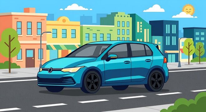 Modern blue car ini urban city cartoon