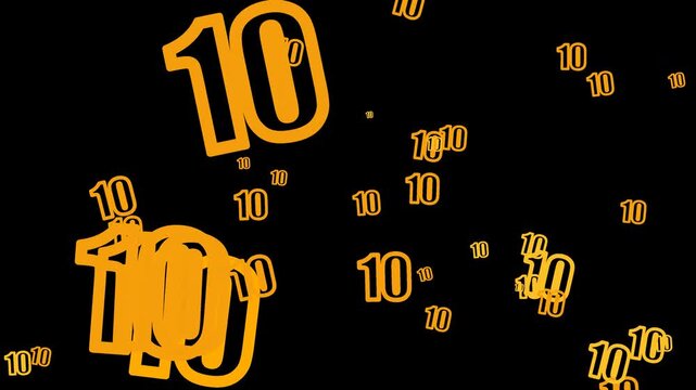 Yellow number ten symbols floating upwards on a transparent background overlay