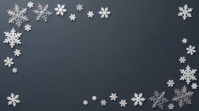 Silver snowflakes decorative border on dark gray background winter holiday