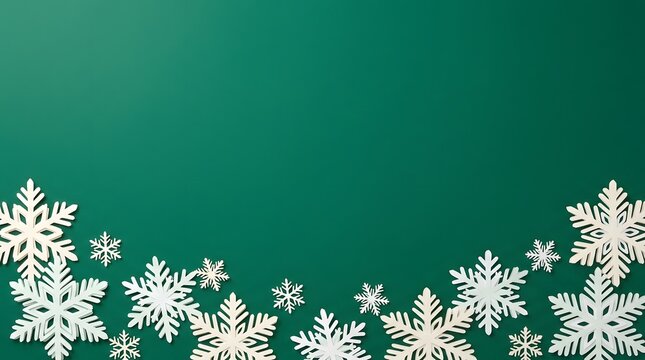 White snowflakes decorative pattern winter holiday design on dark green background