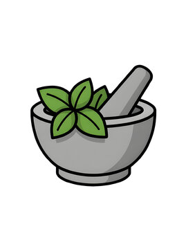 Minimalist flat illustration vector icon of stone mortar and pestle with fresh green basil leaves