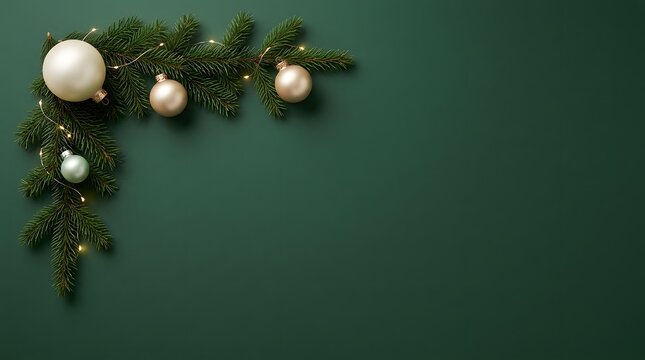 Elegant green fir branch with gold and white baubles on dark green background