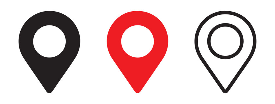 Location pin icon set in black red filled and line style for navigation map interface design concept.